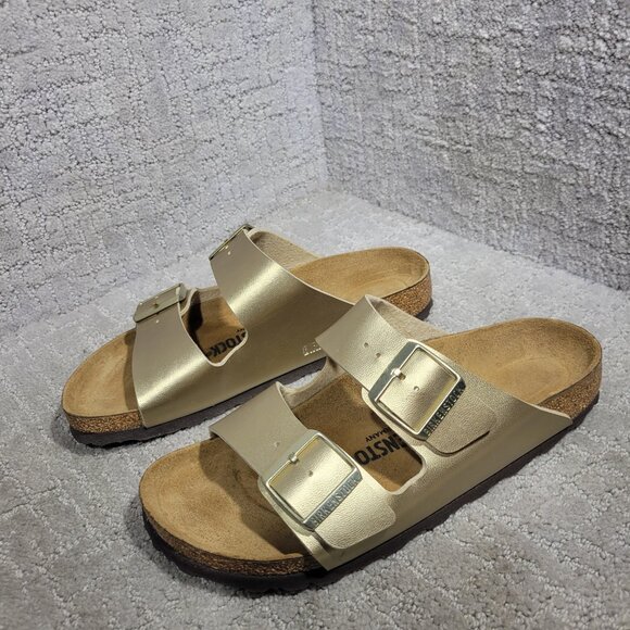 Birkenstock Arizona Size 38 L7 M5 Narrow Golden Birko-Flor Double Strap Sandals - Picture 9 of 11